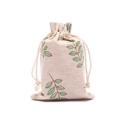 Leaf Print Burlap Packing Pouches, Drawstring Bags, for Presents, Party Favor Gift Bags, Rectangle