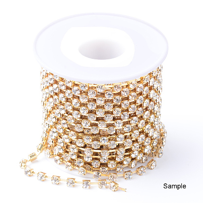 Brass Rhinestone Strass Chains, with Spool, Rhinestone Cup Chain, about 2880pcs Rhinestone/bundle, Grade A, Silver Color Plated