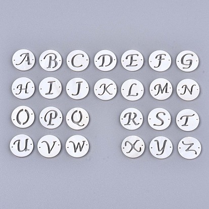 Natural Freshwater Shell Links Connectors, Flat Round with Letter
