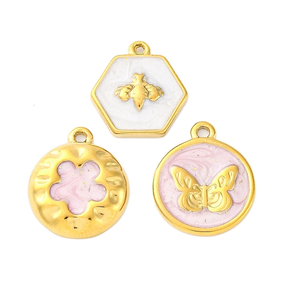 304 подвески из нержавеющей стали, с эмалью, ионное покрытие (ip), реальный 18 k позолоченный, плоская круглая и шестиугольная подвеска