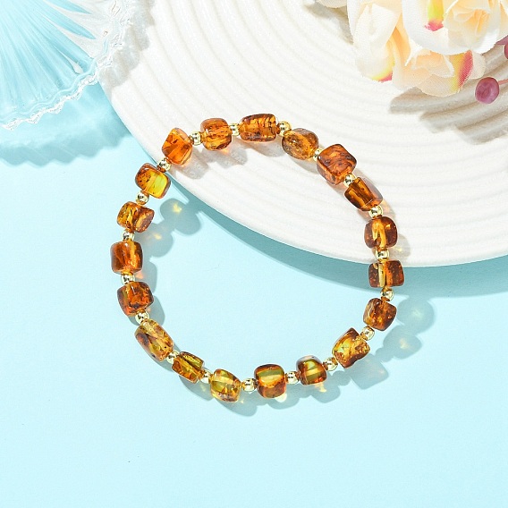 Эластичные браслеты из натурального янтаря и немагнитного синтетического гематита для женщин и мужчин., куб и круглый, с латунной бисера, золотые