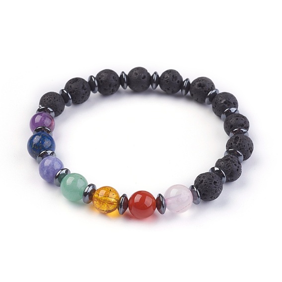 Natural/Synthetic Mixed Stone Stretch Bracelets, with Lava Rock and Non-Magnetic Synthetic Hematite Beads
