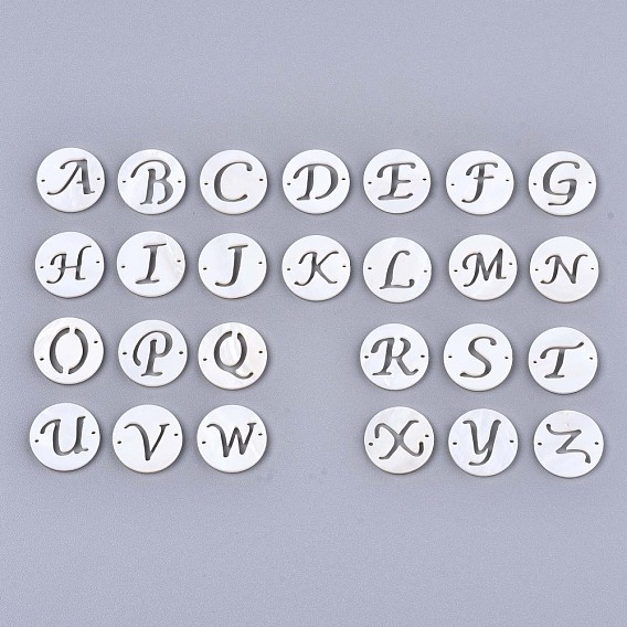 Natural Freshwater Shell Links Connectors, Flat Round with Letter