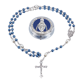 2 шт. четки из круглых стеклянных жемчужин синего цвета, ожерелья с подвеской в виде креста Иисуса из цинкового сплава, с круглыми подарочными коробками с зеркалами