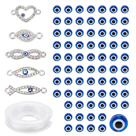 SUNNYCLUE DIY Jewelry Making Kit, Including 5Pcs 5 Style Alloy Rhinestone Evil Eye Links/Connectors, 150Pcs Flat Round Resin Beads, Elastic Thread