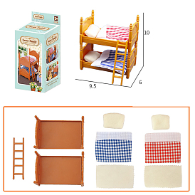 Двухъярусная пластиковая мини-кроватка, с лестницей, матрасом, подушкой и стеганым одеялом в клетку, мебельные аксессуары для кукольного домика, для миниатюрной спальни