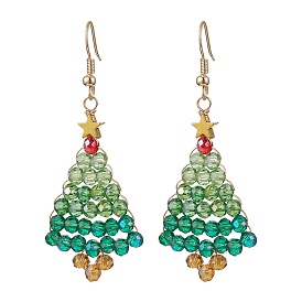 Glass Christmas Tree Dangle Earrings, with 304 Stainless Steel Earring Hooks and Brass Beads, Golden