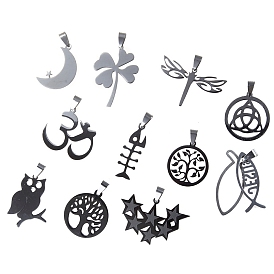 304 Stainless Steel Pendants, Laser Cut, Stainless Steel Color, Tree of Life/Owl/Fish/Clover/Moon Charm