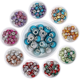 225Pcs 9 Colors Faceted Resin European Beads, Large Hole Beads, Rondelle with Silver Color Plated Brass Cores and Glitter Powder
