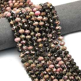 Природные родонит бисер нитей, граненые, рондель, с бисером