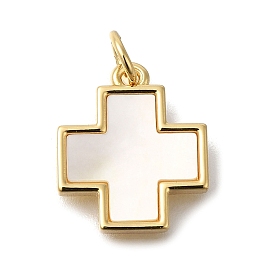 Brass Micro Pave Cubic Zirconia Pendants, with Shell, Cross Charms, with Jump Ring