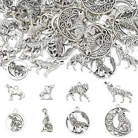 80 шт 8 стили подвески из сплава в тибетском стиле, волк с плоским круглым/лунным