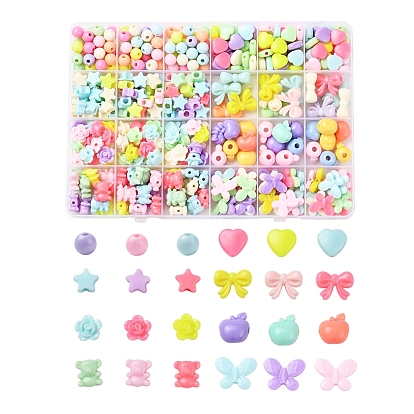 383Pcs 8 Stylw Opaque Acrylic Beads, Round & Heart & Star & Bowknot & Flower & Apple & Bear & Butterfly