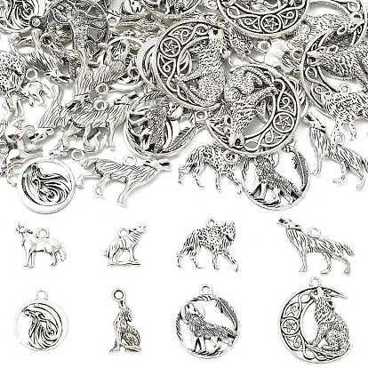 80 шт 8 стили подвески из сплава в тибетском стиле, волк с плоским круглым/лунным