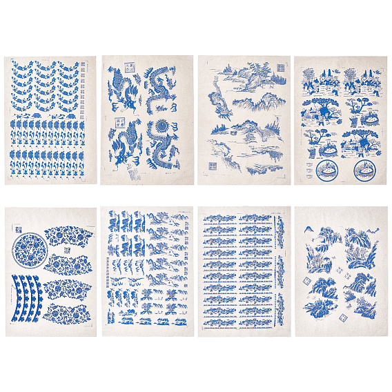 8 листы 8 стиль бумажные керамические наклейки, гончарная керамика глиняная переводная бумага, подглазурная цветочная бумага, бело-голубой фарфор стиле