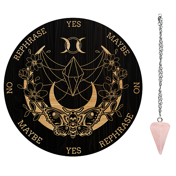AHADEMAKER 1Pc Cone/Spike/Pendulum Natural Rose Quartz Stone Pendants, 1Pc 304 Stainless Steel Cable Chain Necklaces, 1Pc PVC Pendulum Board, Dowsing Divination Board
