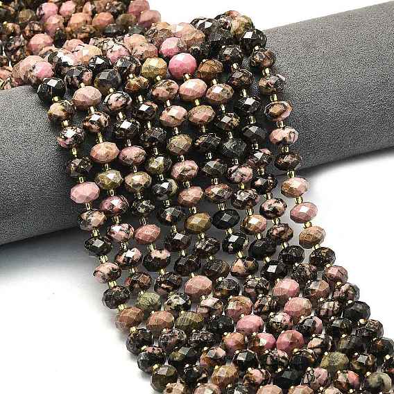 Природные родонит бисер нитей, граненые, рондель, с бисером