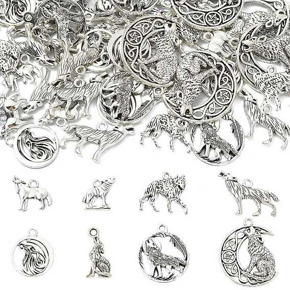 80 шт 8 стили подвески из сплава в тибетском стиле, волк с плоским круглым/лунным