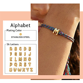304 Регулируемые браслеты из нержавеющей стали с бусинами в виде букв алфавита, Разноцветные двухслойные браслеты из хлопкового шнура для женщин и мужчин