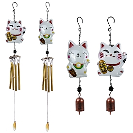 Fortune Cat Iron Art Wind Chime Decoration, with Bell for Garden Patio Porch Home Decor