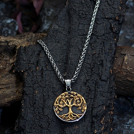 Tibetan Style Alloy Tree of Life Pendant Necklaces, Viking Pendant Rope Chain Necklaces