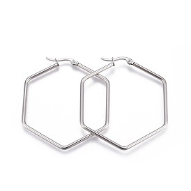 201 Stainless Steel Hoop Earrings, with 304 Stainless Steel Pin, Hexagon