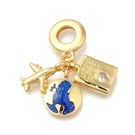 Brass Cubic Zirconia Travel European Dangle Charms, Plane Enamel Large Hole Pendants, Real 16K Gold Plated