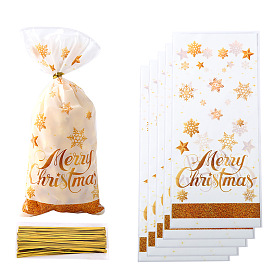 50 шт. Прозрачные целлофановые пакеты OPP с принтом снежинок на Рождество с проволочными завязками, прямоугольные