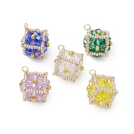 Beaded Cube Charms, Glass Seed Beads Pendants, with Jump Ring