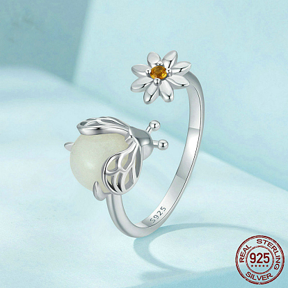 Кольца-манжеты из стерлингового серебра с родиевым покрытием, кубическим цирконием и синтетическими светящимися камнями, светлячок и цветок