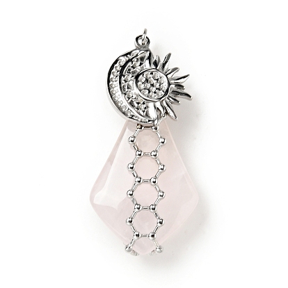 Natural Rose Quartz Pendants, Teardrop Charm, with Stainless Steel Color Plated 304 Stainless Steel Sun Findings and Jump Ring