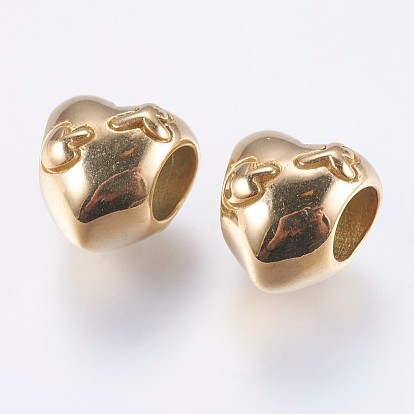 304 Stainless Steel European Beads, Ion Plating (IP), Large Hole Beads, Heart