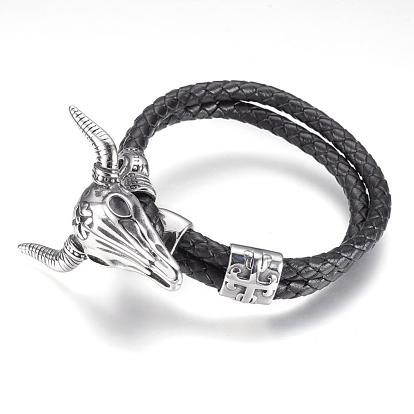 Braided Multi-strand Leather Cord Bracelets, with 304 Stainless Steel Findings, Cow Head