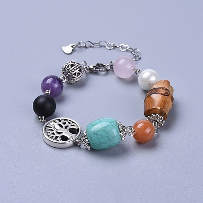 Pulseras mixtas de cuentas de piedras preciosas, con perlas de vidrio, Abalorios de acrílico, Cuentas de madera, fornituras de aleación, hallazgos de hierro y 304 hallazgos de acero inoxidable