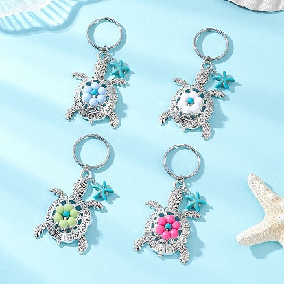 Брелки из сплава и акрила с черепаховой отделкой, с синтетической бирюзой и 304 застежкой-брелоком из нержавеющей стали, черепаха, старинное серебро и платина