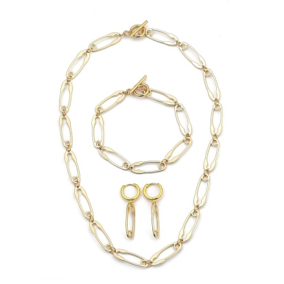Safety Pin Chain Jewelry Sets, Alloy Bracelets & Hoop Earrings & Necklaces, with 304 Stainless Steel Toggle Clasps and Brass Earring Findings
