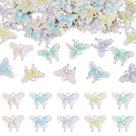 50Pcs 5 Colors Alloy Enamel Pendants, Butterfly, Platinum
