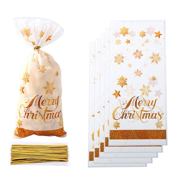 50 шт. Прозрачные целлофановые пакеты OPP с принтом снежинок на Рождество с проволочными завязками, прямоугольные