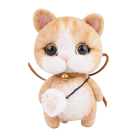 Cat Keychain Needle Felting Kit, including Instruction, Felting Needles, Wool, Foam Pad, Keychain, Plastic Craft Eye, Hot Melt Glue Stick, Imitation Leather Cord, Bell