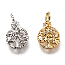 Brass Micro Pave Clear Cubic Zirconia Charms, Cadmium Free & Lead Free, Long-Lasting Plated, Flat Round with Tree