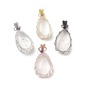 Natural Quartz Crystal Pendants, Rock Crystal Pendants, Rack Plating Copper Wire Wrapped Drop Charms, Cadmium Free & Lead Free