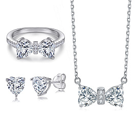 Stylish S925 Silver Jewelry Set with Zirconia Heart Ring, Butterfly Necklace and Earrings