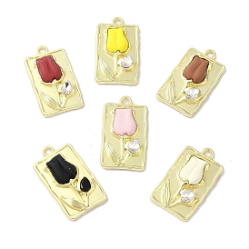 Rack Plating Spray Painted Alloy Pendants, with Rhinestone, Cadmium Free & Nickel Free & Lead Free, Rectangle with Flower