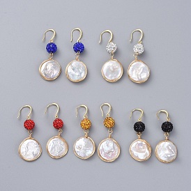 Natural Baroque Pearl Keshi Pearl Dangle Earrings, with Polymer Clay Rhinestone Beads, Copper Wire, Real 18K Gold Plated Brass Earring Hooks and Cardboard Packing Box