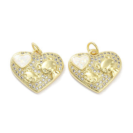 Brass Micro Pave Clear Cubic Zirconia Pendants, with Synthetic Opal and Jump Rings, Real 18K Gold Plated, Heart with Bear Charms