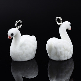 Flocky Resin Pendants, with Platinum Plated Iron Loops, Swan