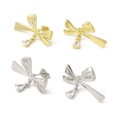 Brass Stud Earrings, with Clear Cubic Zirconia for Women, Bowknot