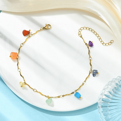 7 Chakra-Edelstein-Anhänger 304 Fußkettchen aus Edelstahl mit gewellten Gliedern für Damen, golden