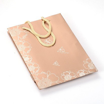 Rectangle Flower and Butterfly Pattern Cardboard Paper Bags, Gift Bags, Shopping Bags, with Nylon Cord Handles