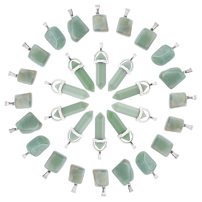 30Pcs 2 Style Natural Green Aventurine Pendants with Stainless Steel Color Alloy Findings, Nuggets & Bullet